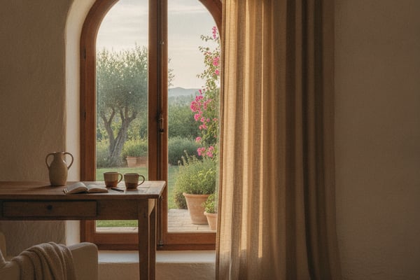 Arched wooden doors opening to Mediterranean garden with pink flowers, olive trees, and terracotta pots