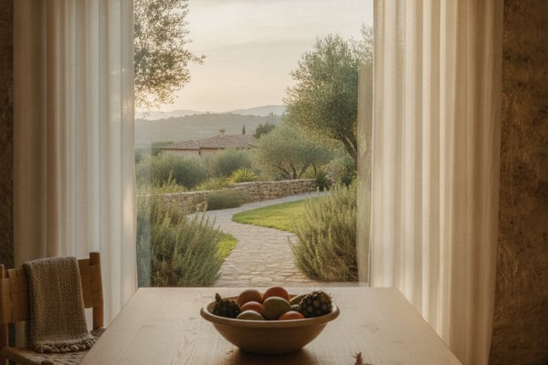 Arched window with sheer curtains framing Tuscan countryside, wooden table with fruit bowl and flowers in foreground