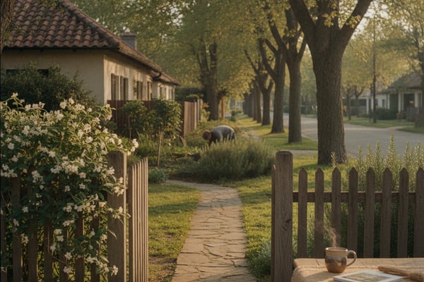Tree-lined village street with white cottage, wooden fence, flowering shrubs, and grazing sheep in distance